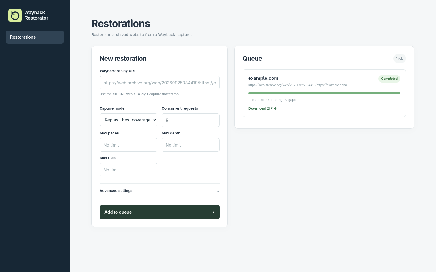 Local dashboard showing a completed restoration